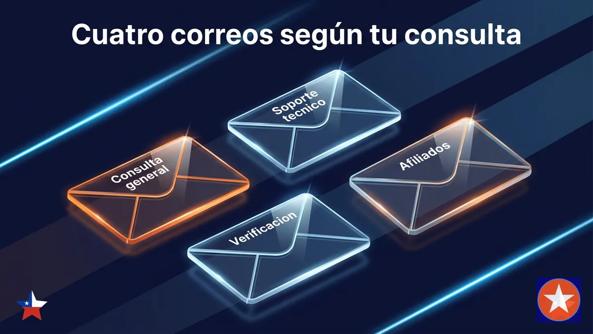 Cuatro correos de soporte de Mostbet Chile según el tipo de consulta: general, técnico, verificación y afiliados