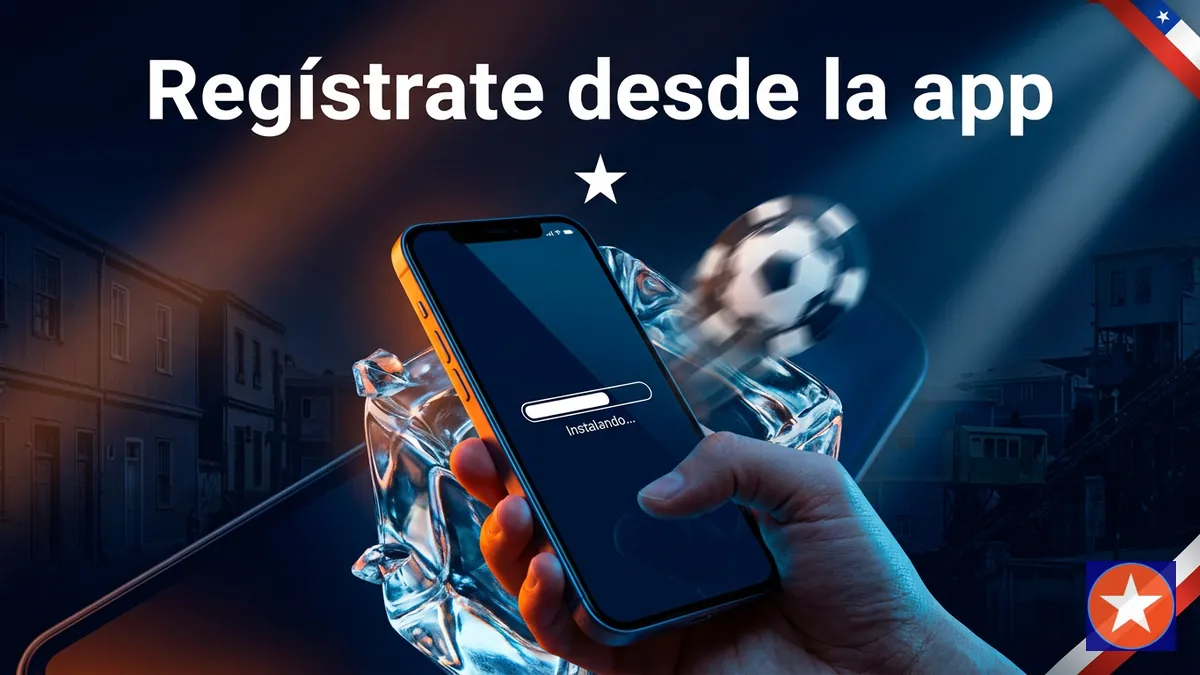 Mano sosteniendo un celular con la app de Mostbet Chile instalándose, con acento de Valparaíso al fondo